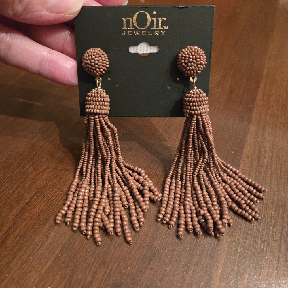 nOir Jewelry Brown Beaded Tassel Earrings Statement Long Dangle Drop Post